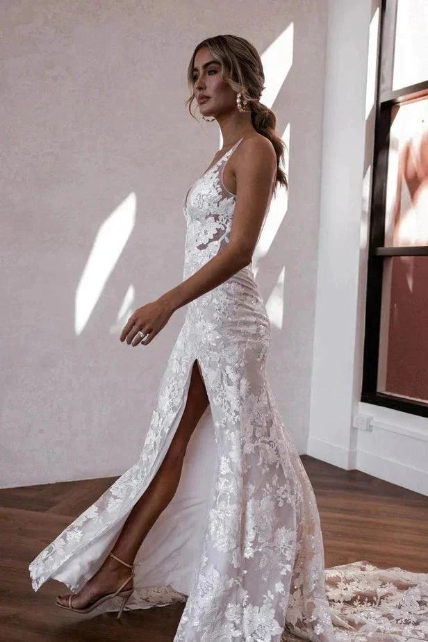 Elegant Mermaid V Neck Lace Boho Wedding Dresses with Slit (ZD16144)