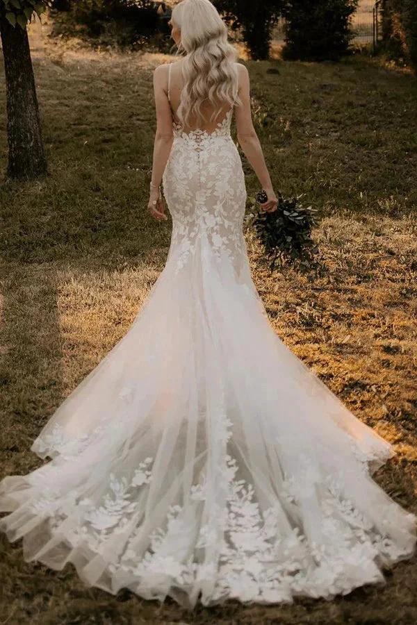Elegant Mermaid V Neck Lace Long Wedding Dresses with Appliques (ZD16130)