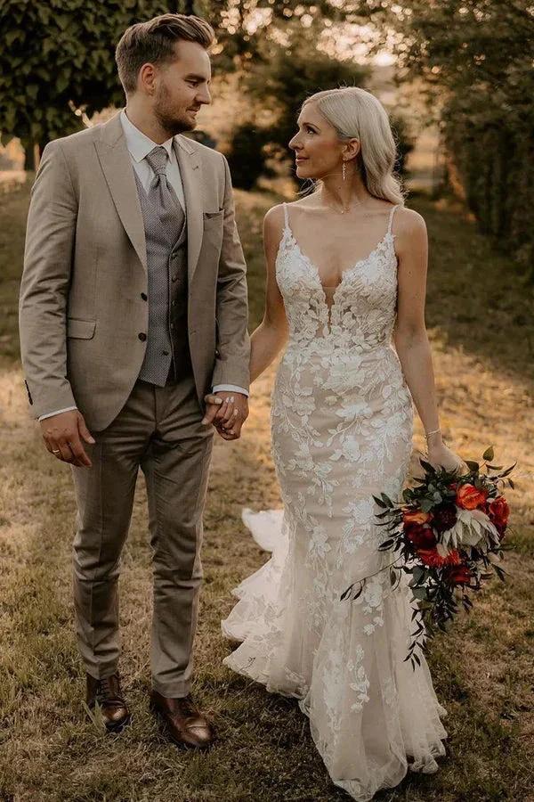 Elegant Mermaid V Neck Lace Long Wedding Dresses with Appliques (ZD16130)