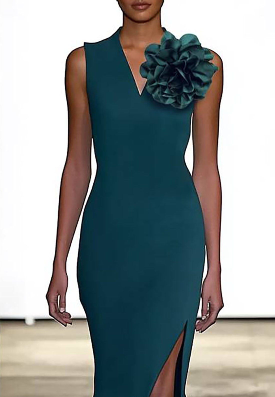 Elegant Party Cocktail Dark Green Sleeveless Floral Midi Dress