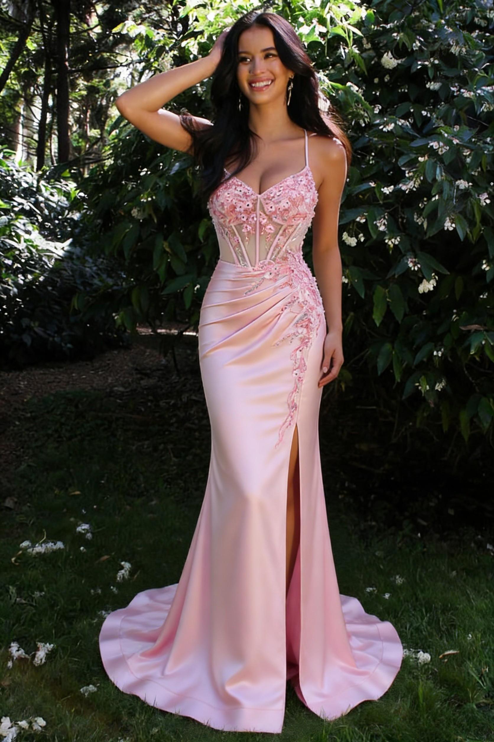 Stunning Mermaid Spaghetti Straps Pink Satin Prom Dress with Floral Embellishments