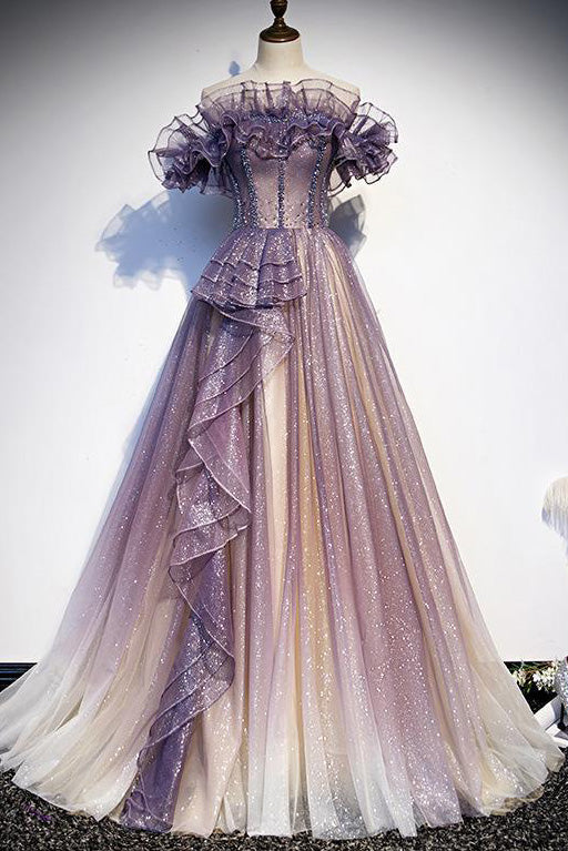 Elegant Purple Gradient A-Line Evening Prom Dresses - Fashionpara