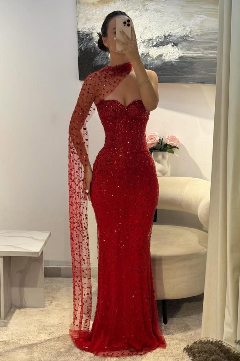 Elegant Red Sweetheart Beaded Fitted Mermaid Prom Dress with Scarf