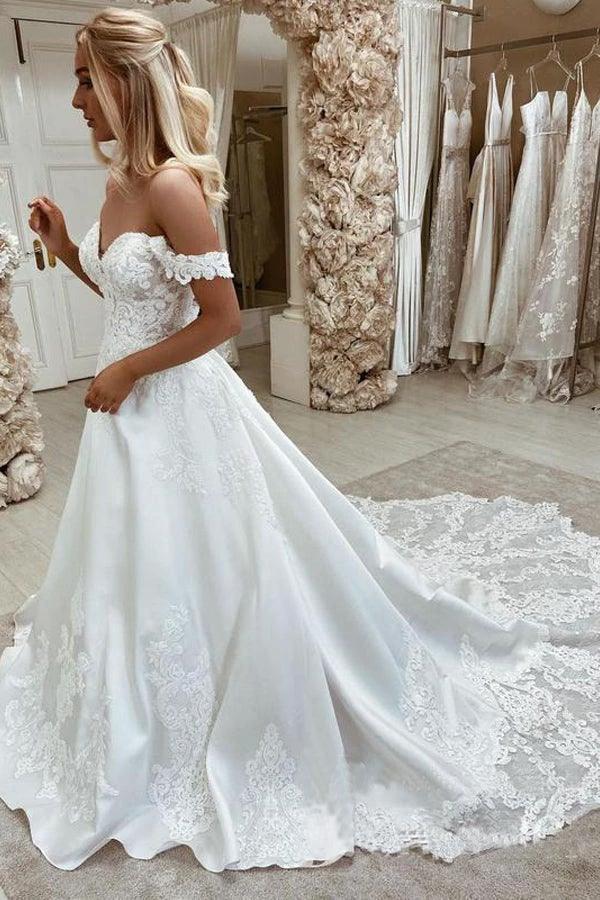 Elegant Satin Off-the-shoulder A-line Wedding Dresses With Appliques (ZD16230)