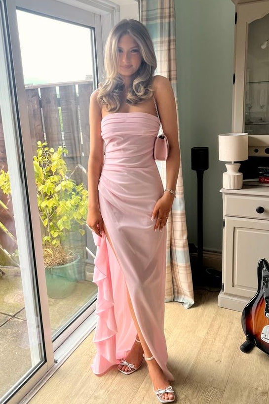 Elegant Sheath Strapless Pink Long Prom Dress with Split Front - FashionDia