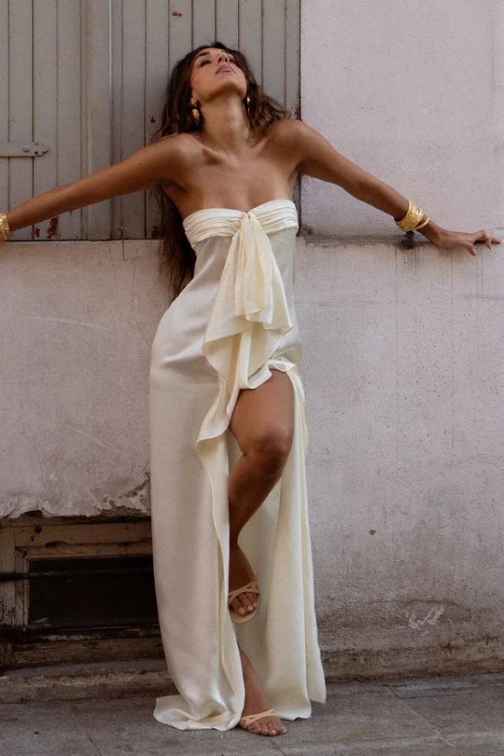 Trendy Sheath Strapless Ivory Satin Long Prom Dress with High Slit & Ruffle Layers