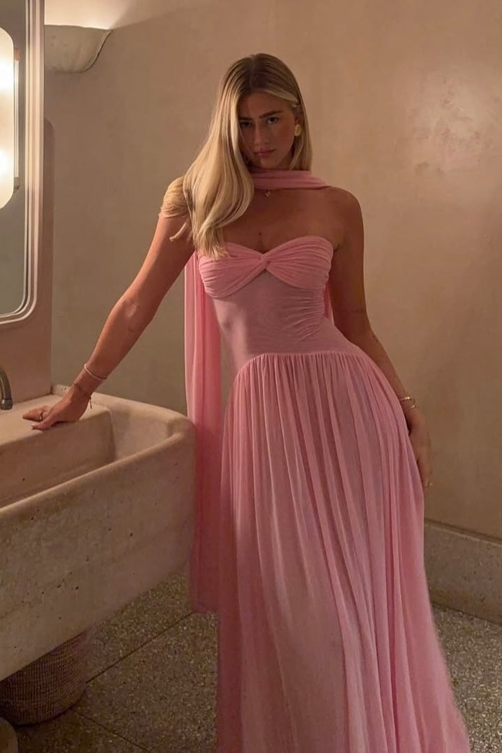Elegant A-Line Sweetheart Pink Long Party Dress with Ruffles Scarf - FashionDia