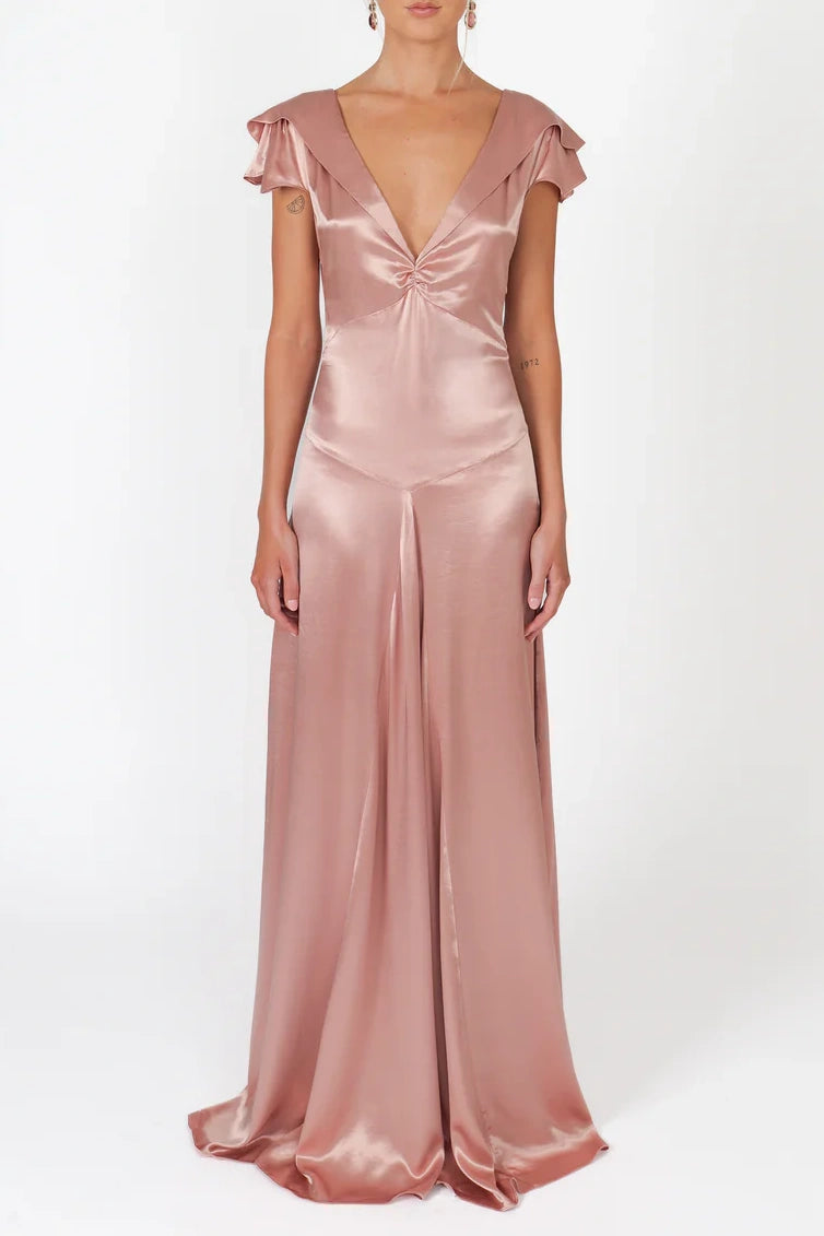 Charming A Line Deep V Neck Light Yellow Long Prom Dress with Open Back