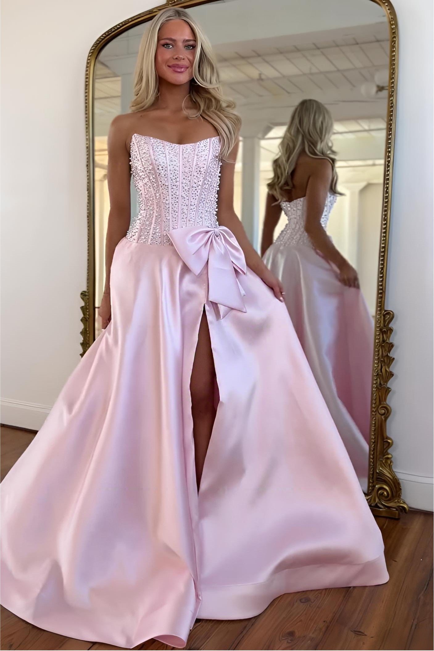 Luxurious A Line Strapless Black Satin Prom Dress with Beading Bowknot