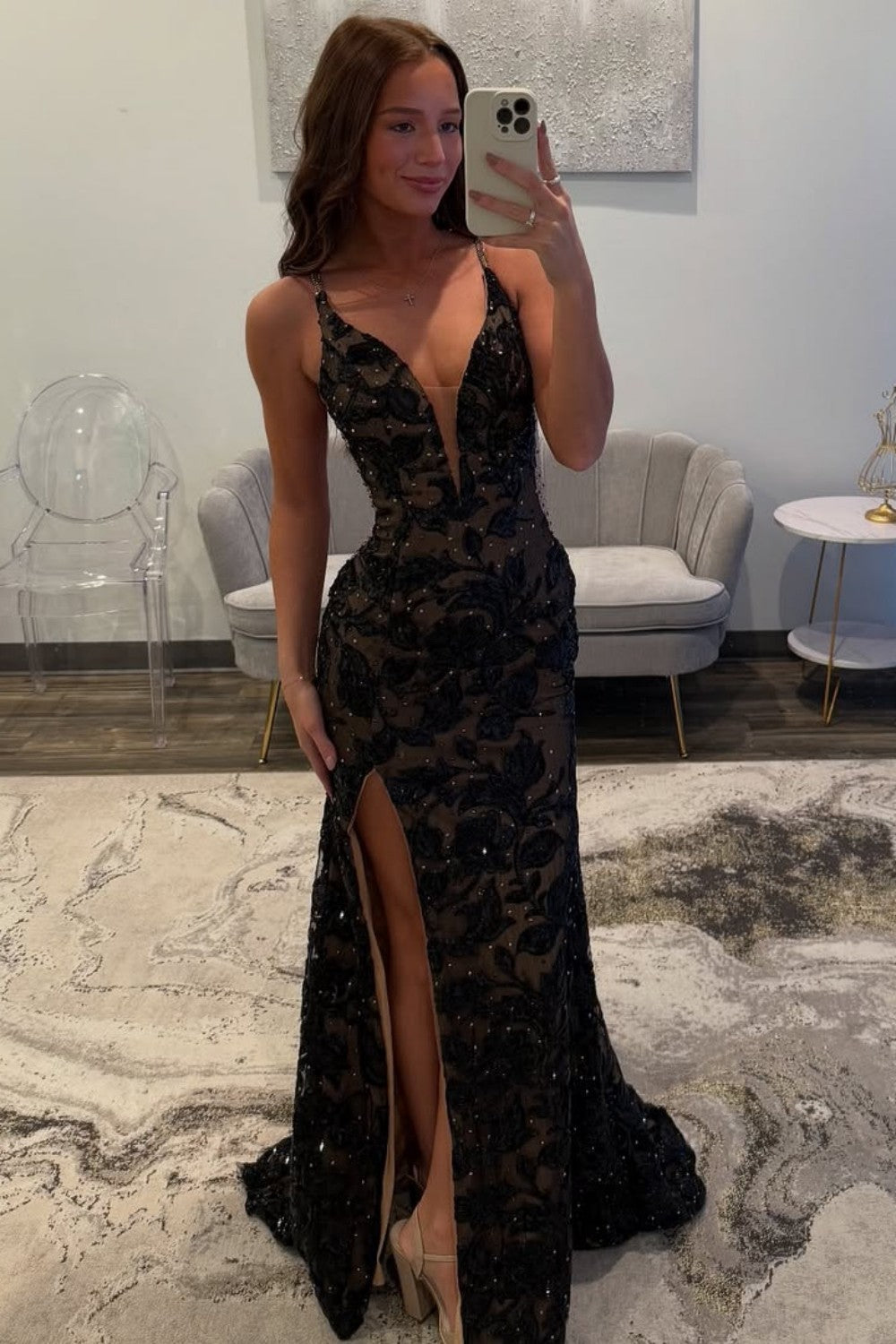 Hot Mermaid Deep V Neck Black Lace Long Prom Dress with Beading Split Front