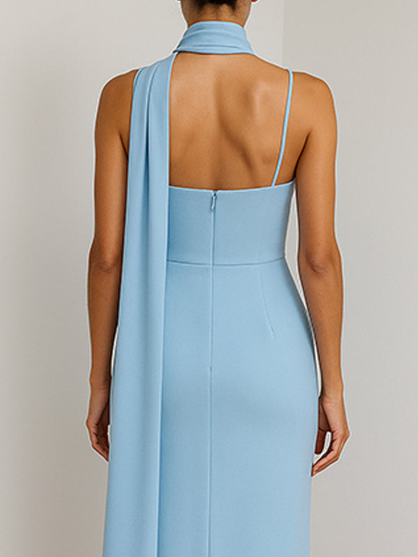 Elegant Blue Strapless Pleated Maxi Dress With Slit