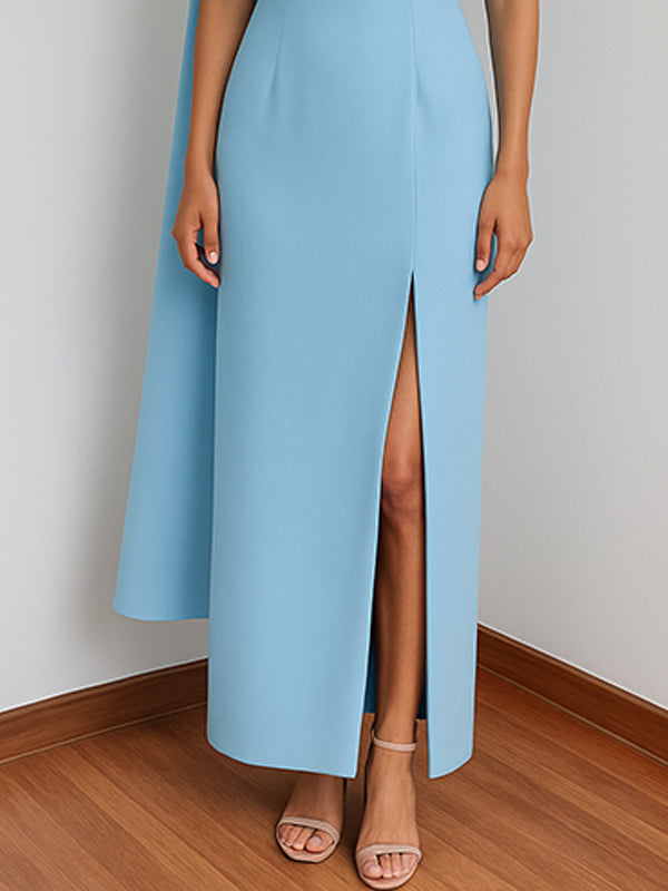 Elegant Blue Strapless Pleated Maxi Dress With Slit