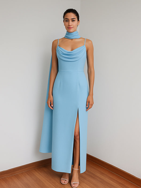 Elegant Blue Strapless Pleated Maxi Dress With Slit