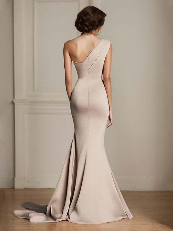 Elegant Khaki One Shouder Mermaid Ruched Long Satin Formal Dress