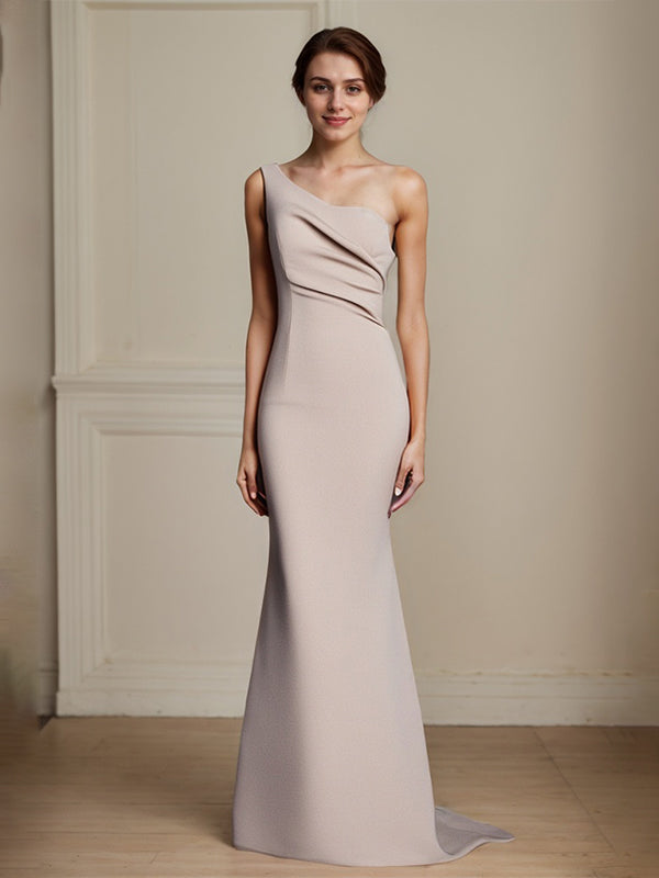 Elegant Khaki One Shouder Mermaid Ruched Long Satin Formal Dress