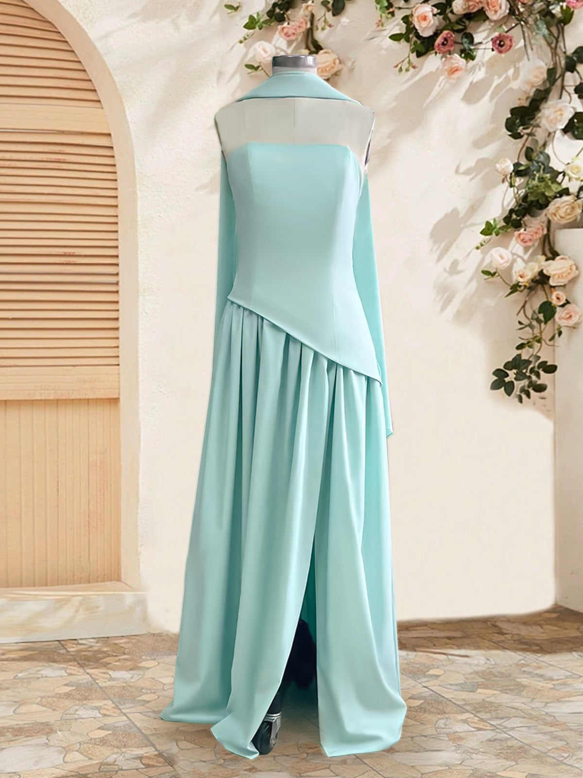 Elegant Mint Green Strapless Pleated Maxi Dress With Slit