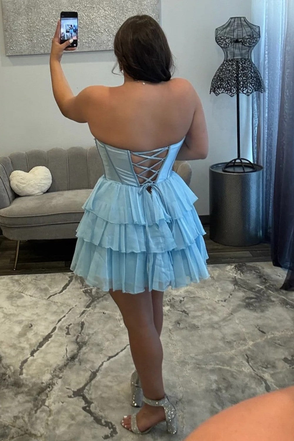 Stunning A Line Strapless Black Corset Homecoming Dress with Pearls