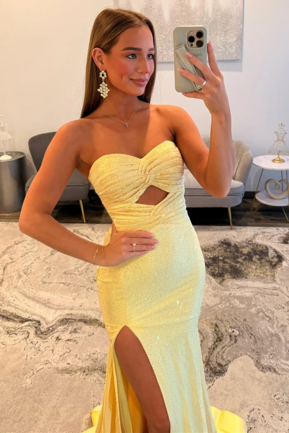 Sparkly Mermaid Sweetheart Yellow Long Prom Dress with Keyhole Beading