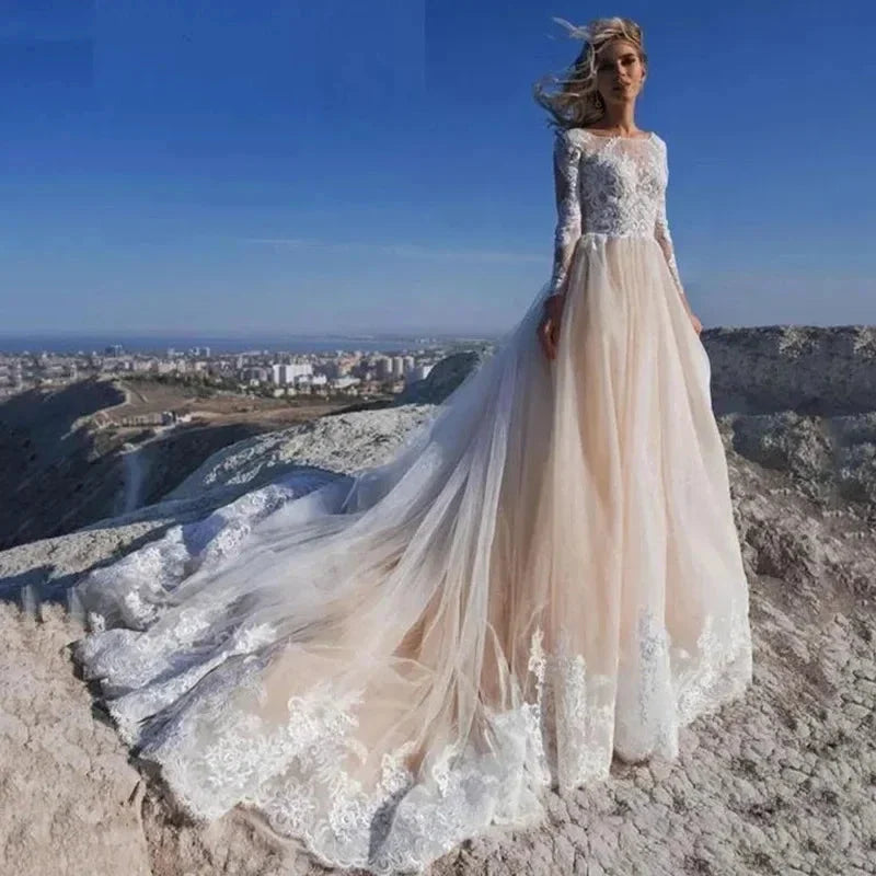 Elegent Travel Vestidos De Novia Appliques Vestido De Noiva Long Sleeves Wedding Dresses Lace Robe De Mariée by payinti