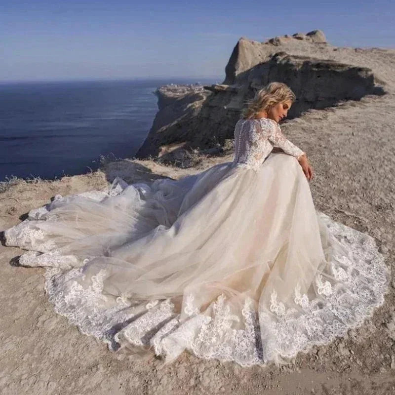 Elegent Travel Vestidos De Novia Appliques Vestido De Noiva Long Sleeves Wedding Dresses Lace Robe De Mariée (ZD14037)
