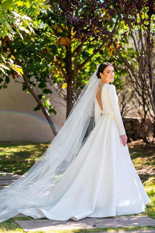 Embroidery A Line Ivory Satin Modest Long Sleeves Wedding Dresses (ZD16192)