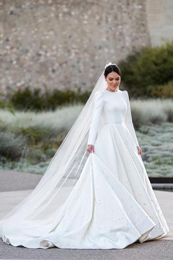 Embroidery A Line Ivory Satin Modest Long Sleeves Wedding Dresses (ZD16192)