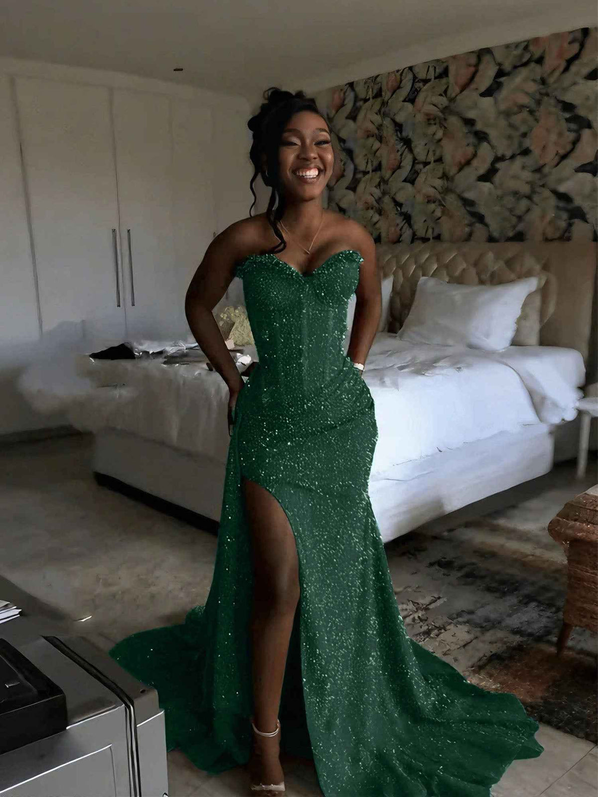 Glitter Strapless Mermaid Sequined Long Prom Dress with Slit (ZD17399)