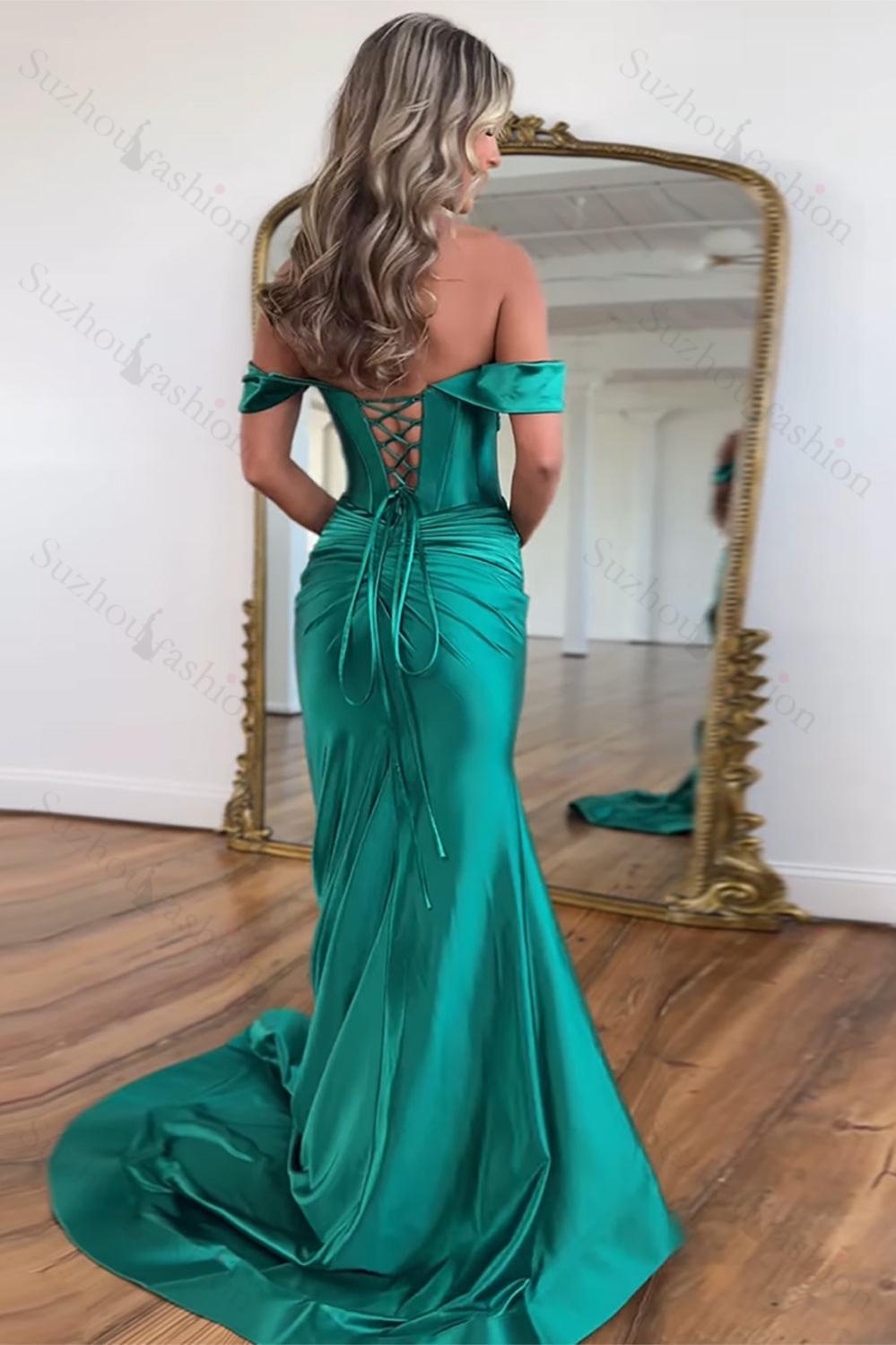 Emerald Green Prom Dress Off The Shoulder Mermaid Long Formal Dress With Slit
