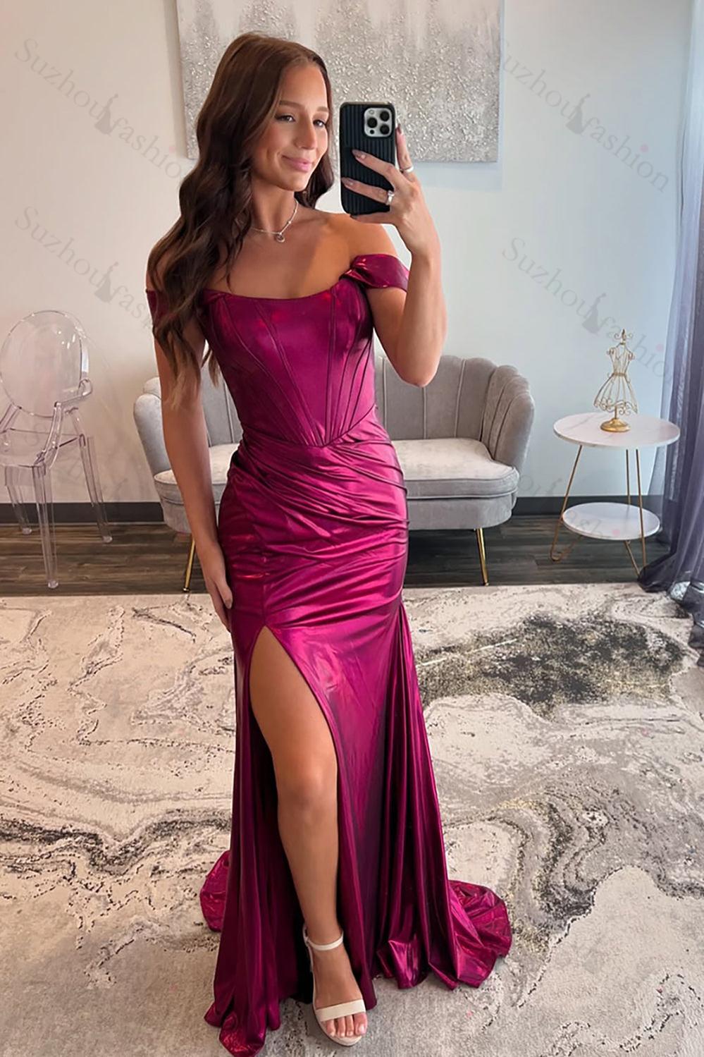 Emerald Green Prom Dress Ruched Corset Metallic Mermaid Formal Dress With Slit