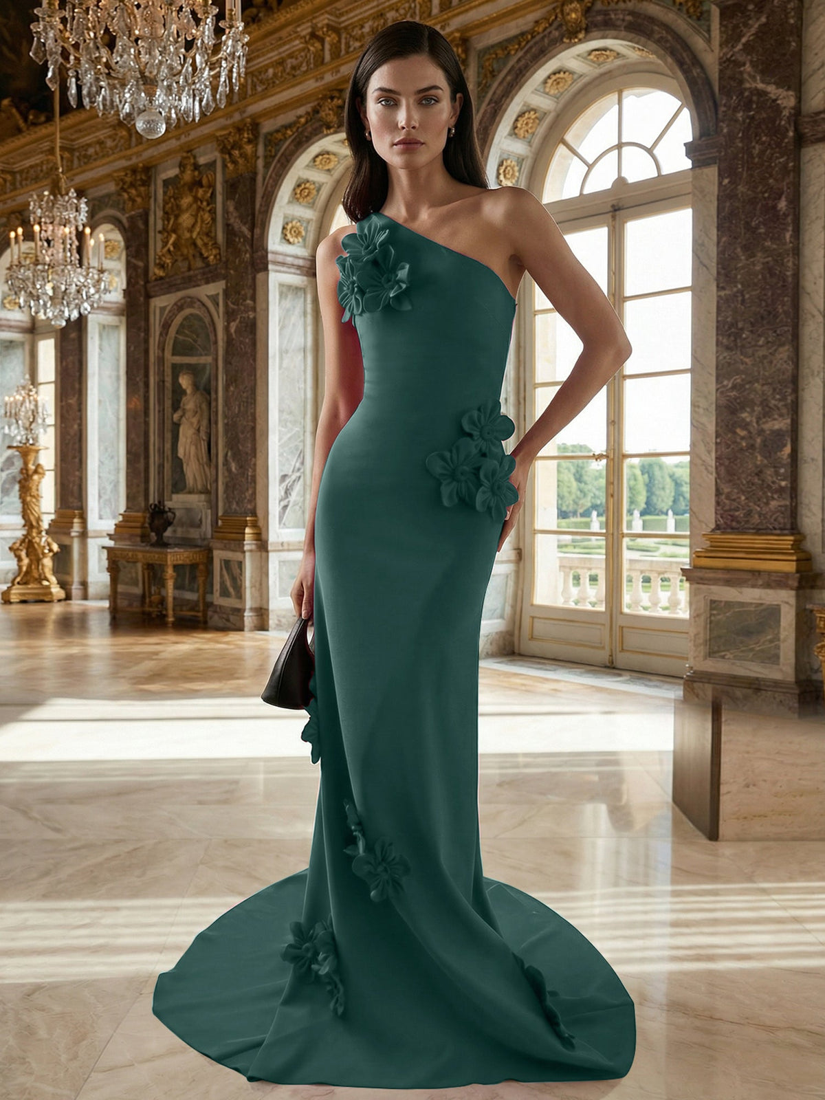 A-Line One-Shoulder Sleeveless Floor-Length Stretch Crepe Dress With 3D Flowers - View 9 | FashionDia