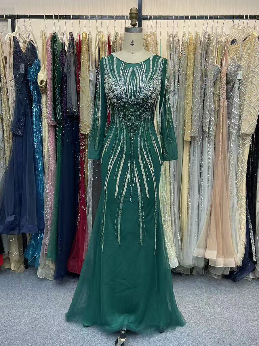 Emerald Green Beaded Gown with Illusion Neckline - FashionDia