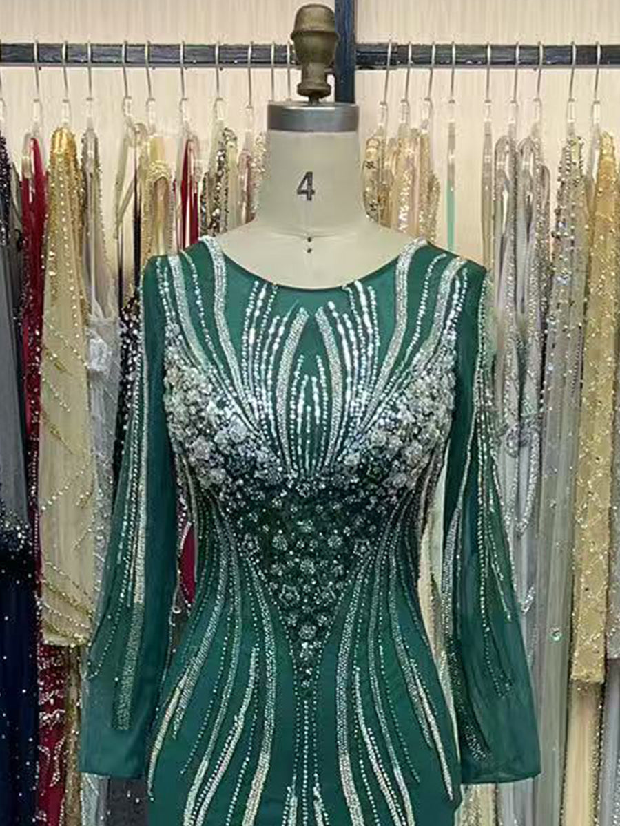 Emerald Green Beaded Gown with Illusion Neckline