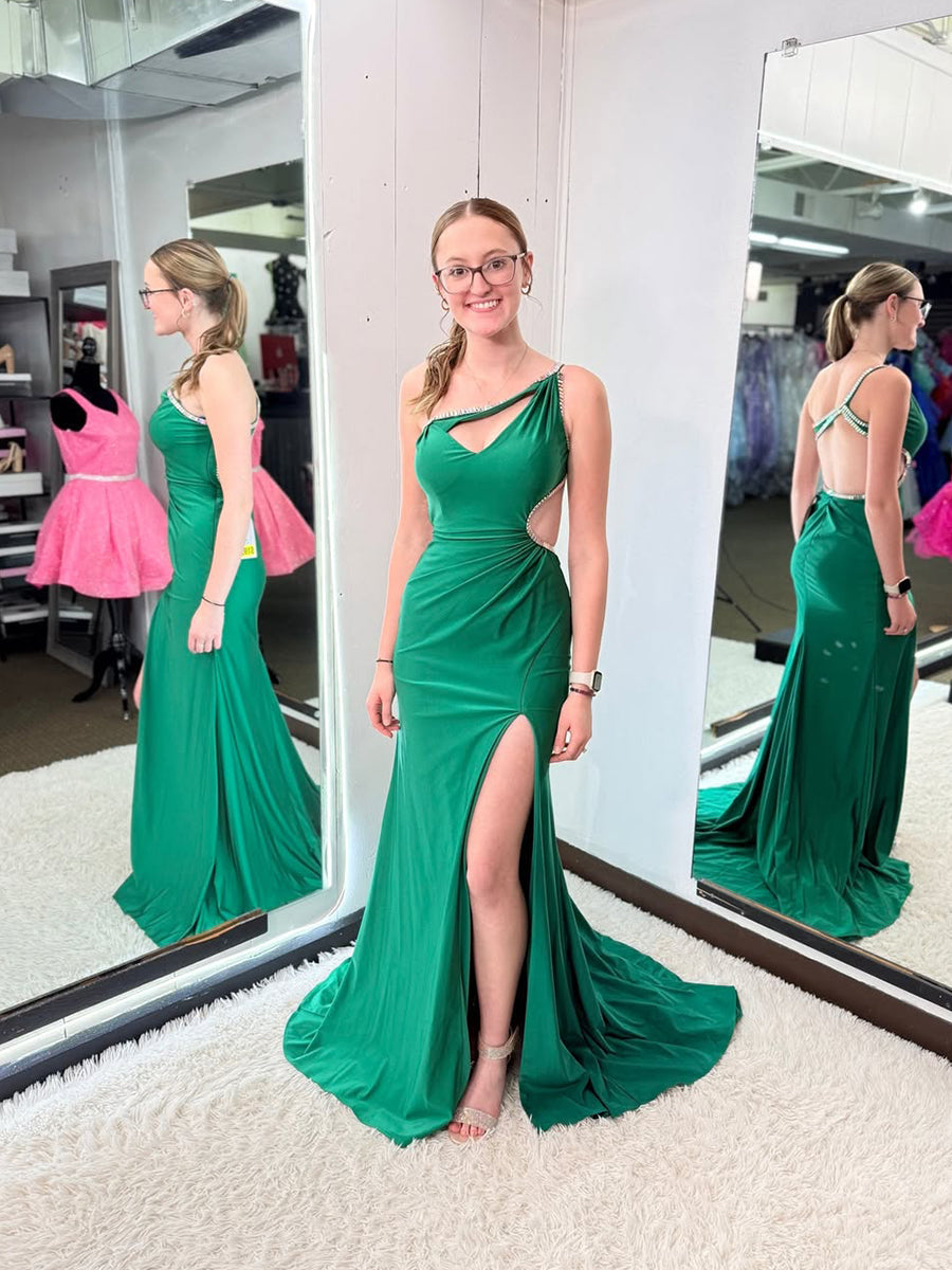 Emerald Green One-Shoulder Cutout Prom Dress with Rhinestone Trim - FashionDia