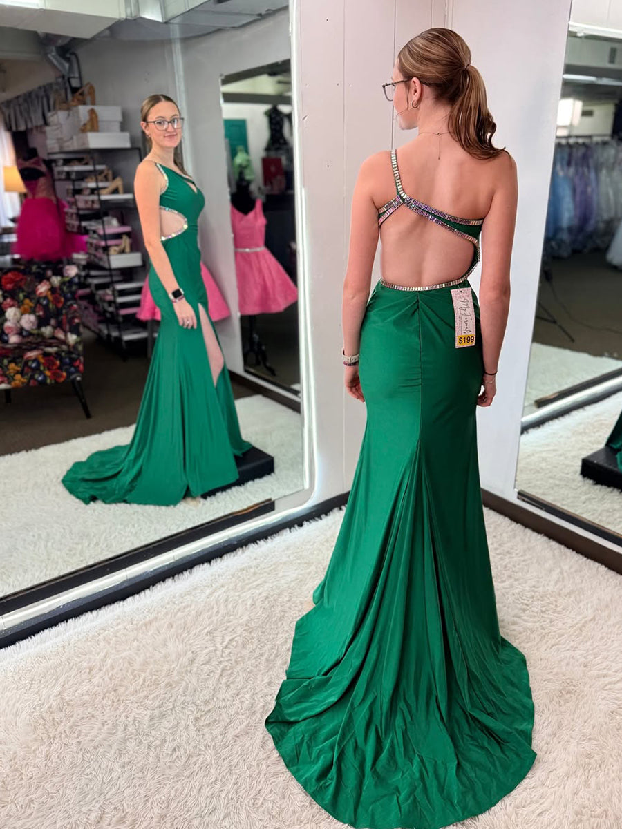 Emerald Green One-Shoulder Cutout Prom Dress with Rhinestone Trim - View 2 | FashionDia