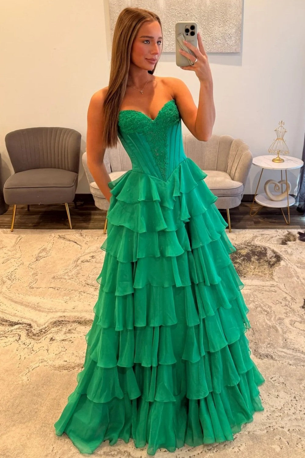 Princess A Line Sweetheart Green Corset Prom Dress with Appliques Ruffles