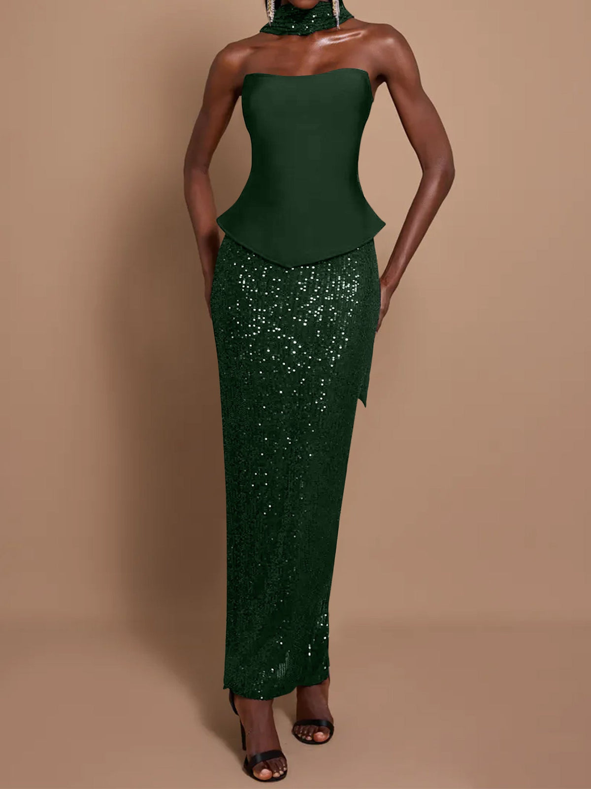 Off-Shoulder Bandage Top & Sequin Midi Skirt Set - View 10 | FashionDia