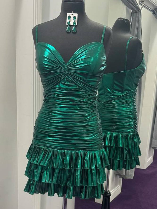 Twist Knot Ruched Metallic Ruffle Short Homecoming Dress