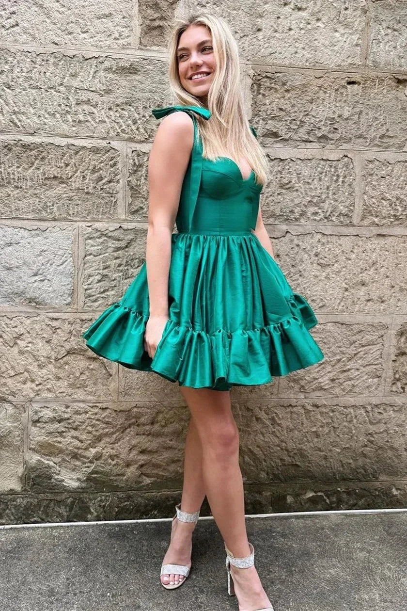 A-line Sweetheart Ruffled Homecoming Dress With Bow Straps SYH104 by vivymakudress