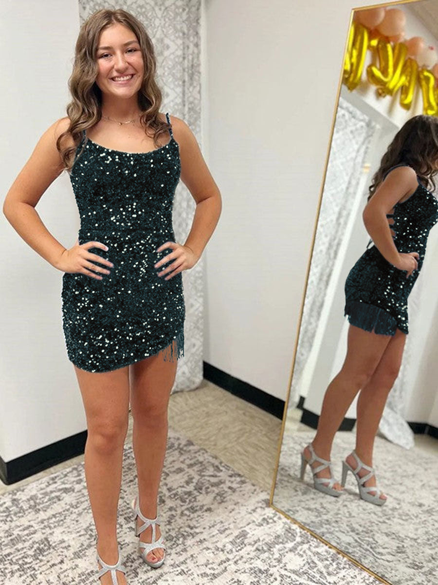 Fitted Spaghetti Straps Short Sequin Homecoming Dress