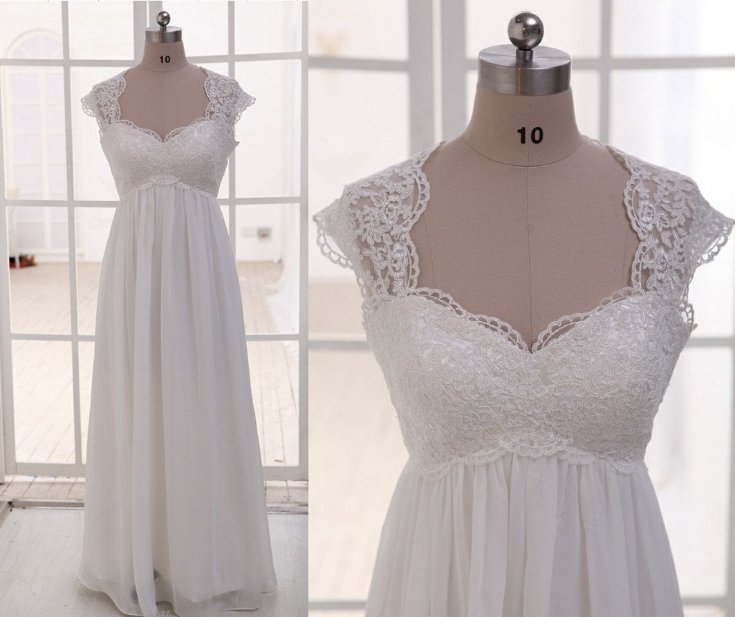 Empire Waist Beach Wedding Dress Lace Chiffon Summer Beach Bride Dresses