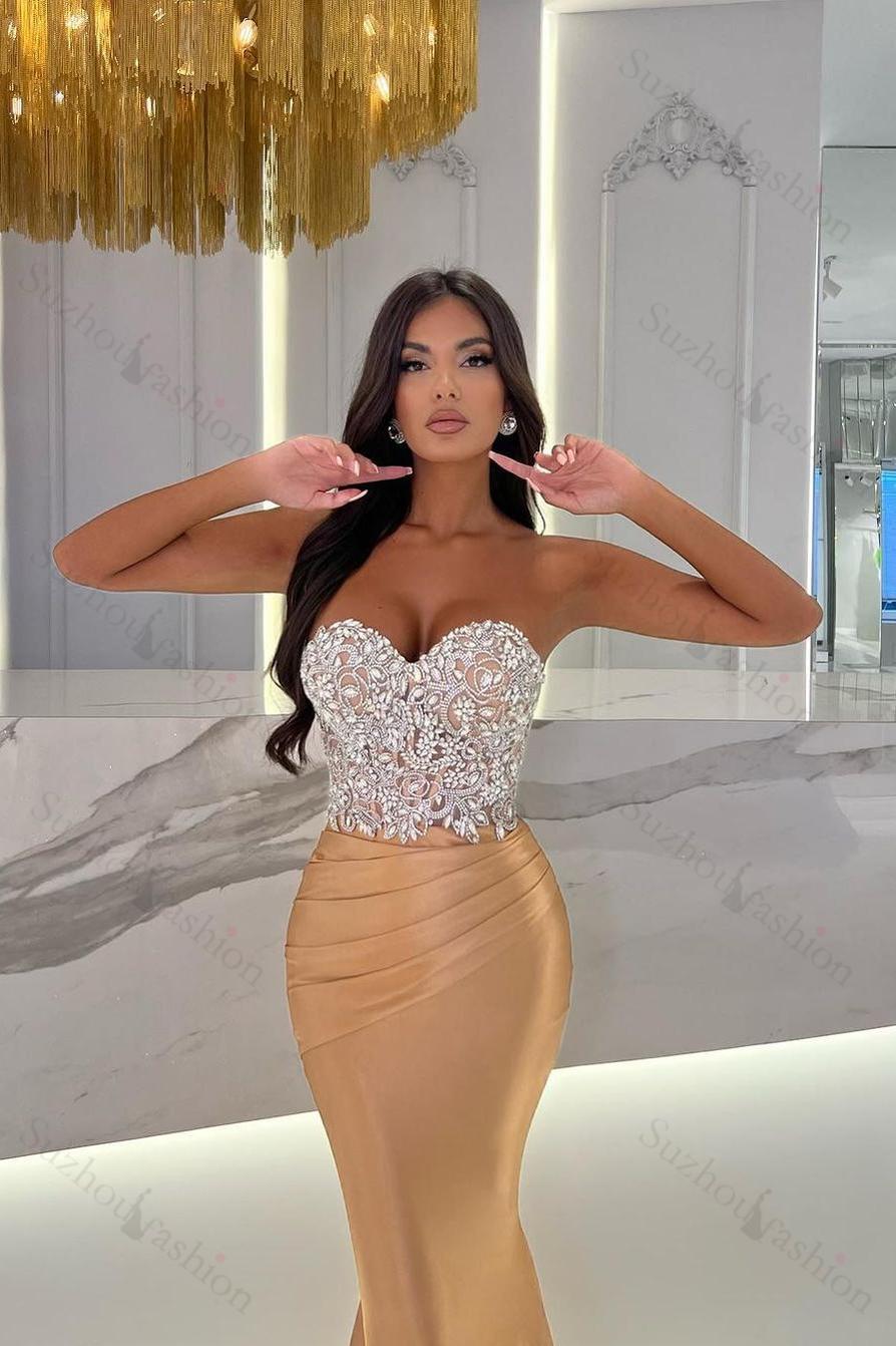 Evening Formal Dress Satin Gold Prom Dress Sweetheart Sleeveless Strapless With Rhinstone Mermaid