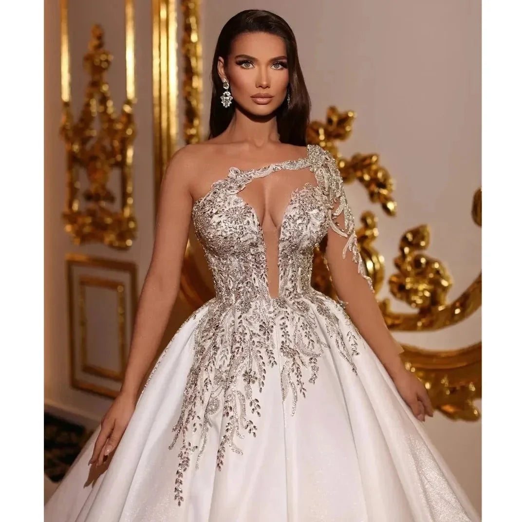 Exquisite Applique Wedding Dresses A Line Deep V Neck Ball Gowns Ruched Tulle Illusion Long Sleeve Formal Beach Party Vestidos (ZD13350)