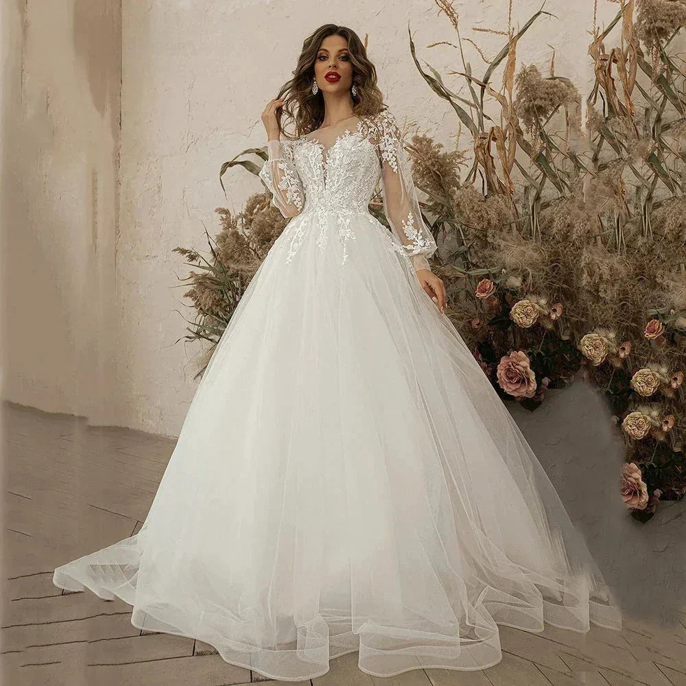 Exquisite Ivory Wedding Dresses Long Sleeve Appliques Lace 3D Flowers Modern Tulle Boho Bride Gown vestidos de novia Beach by payinti