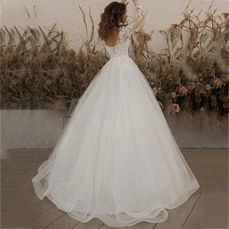 Exquisite Ivory Wedding Dresses Long Sleeve Appliques Lace 3D Flowers Modern Tulle Boho Bride Gown vestidos de novia Beach (ZD13345)