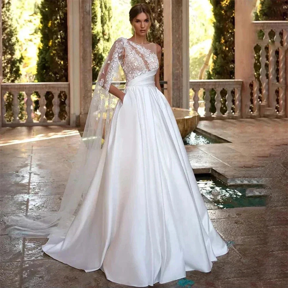 Exquisite Off Shoulder With Sleeves Beach A-Line Fluffy Mopping Sexy Backless Wedding Dresses Lace Backless Court Train Simple by payinti