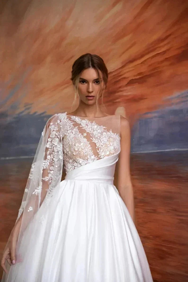 Exquisite Off Shoulder With Sleeves Beach A-Line Fluffy Mopping Sexy Backless Wedding Dresses Lace Backless Court Train Simple (ZD14232)