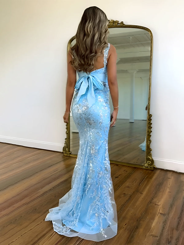 Light Blue Mermaid Straps Sequined Long Prom Dress with Appliques