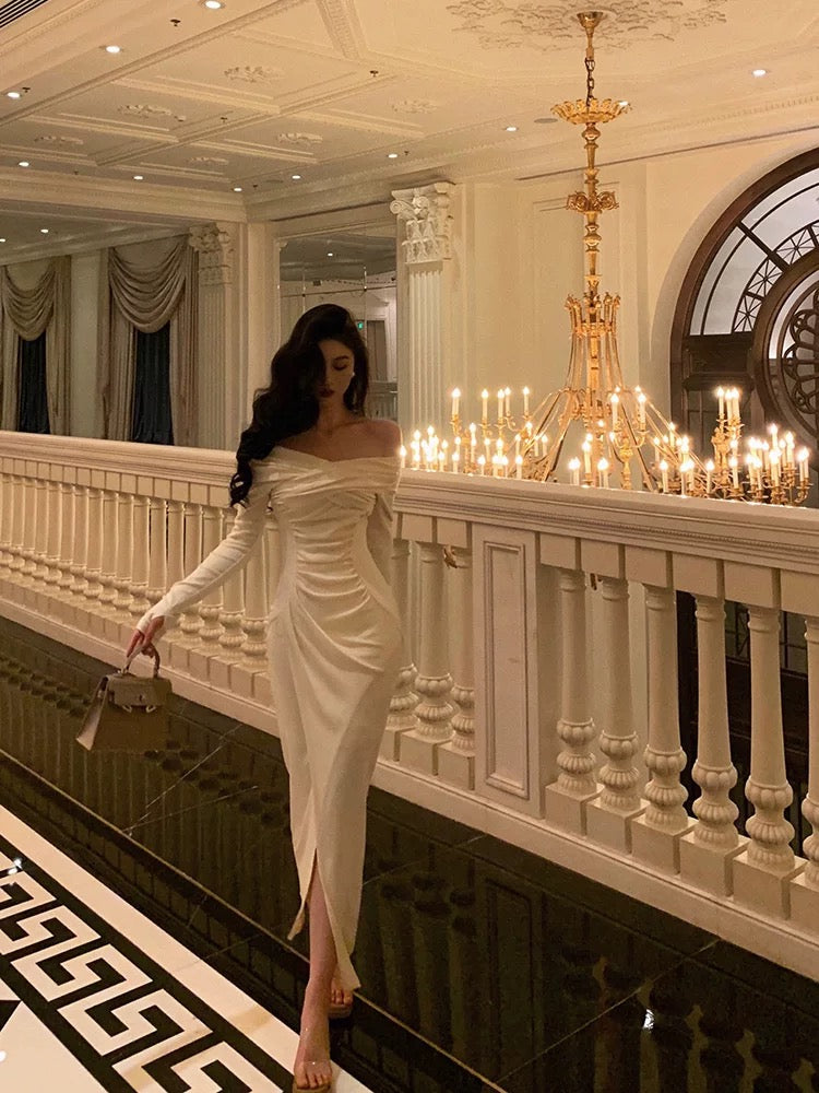 Sexy Sheath Off The Shoulder Long Sleeves White Slit Prom Dresses Birthday Outfits