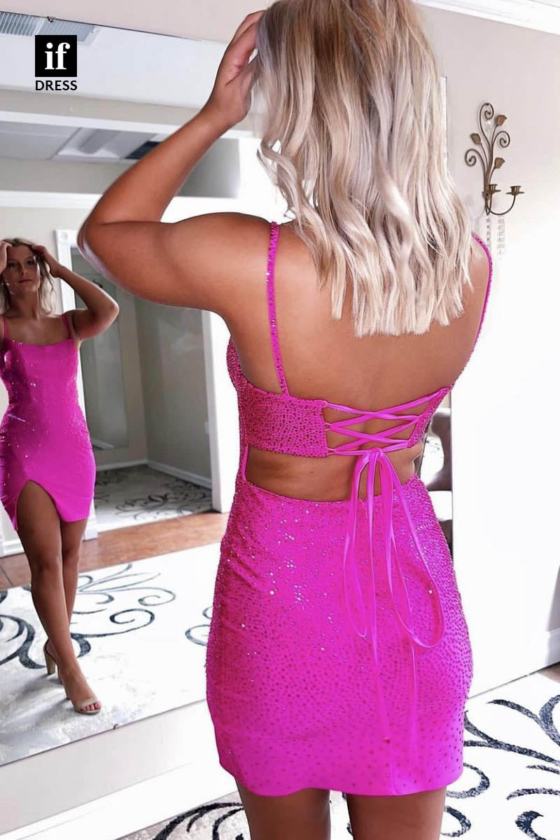 F1333 -Sheath/Column Spaghetti Straps Scoop Cute Mini Homecoming Party Dress