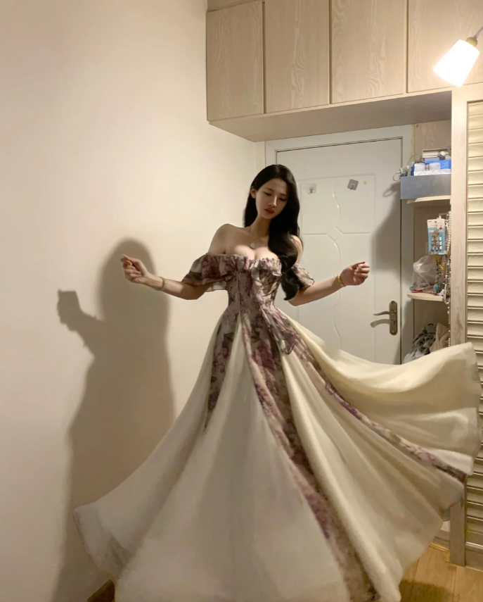 Pretty Off-the-Shoulder Chiffon Printed Floral A-Line Long Party Dress Evening Gown - View 2 | FashionDia